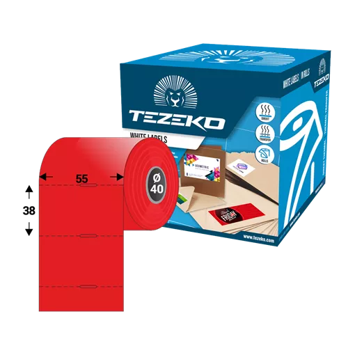Polccímke 55 * 38 mm-es, perforált, termál, vezérlőlyukkal, piros színű (1000 db/tekercs)