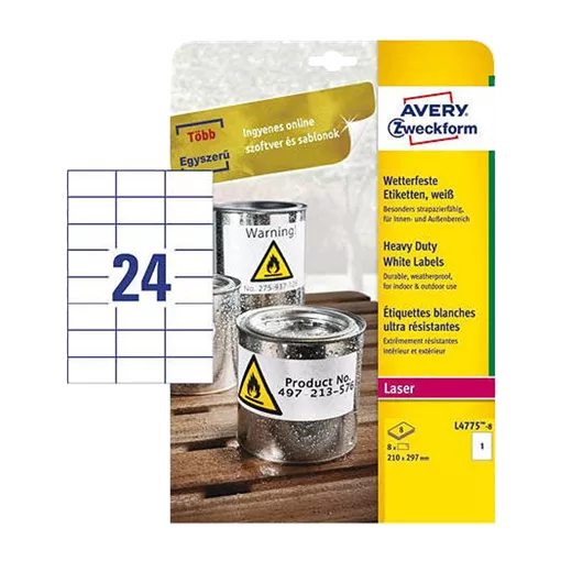 70 mm x 37 mm Műanyag Íves etikett címke Avery Zweckform Fehér ( 20 ív/doboz )