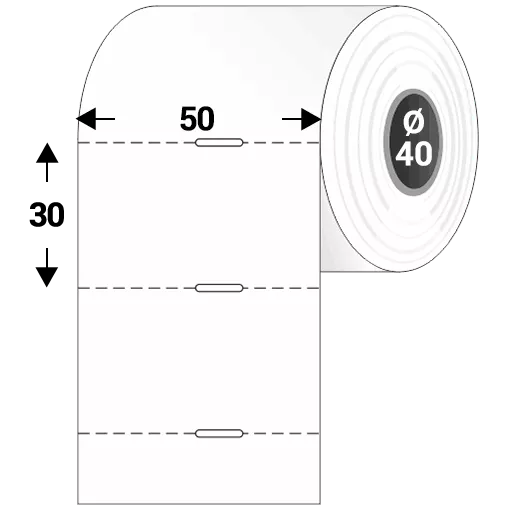 Polccímke 50 * 30 mm-es, perforált, termál, vezérlőlyukkal (1000 db/tekercs)