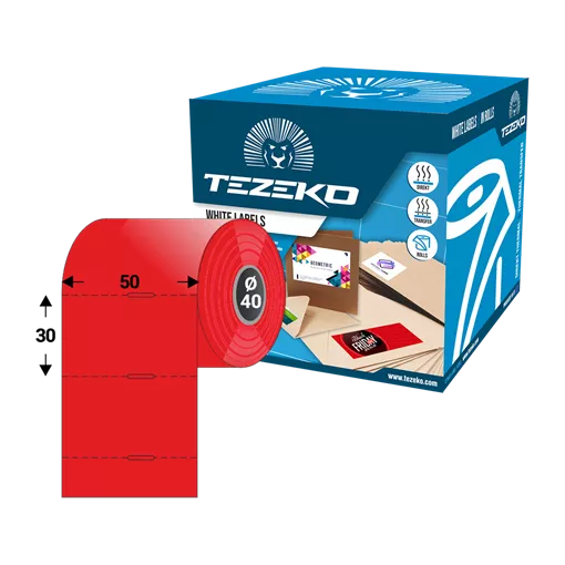 Polccímke 50 * 30 mm-es, perforált, termál, vezérlőlyukkal, piros színű (1000 db/tekercs)