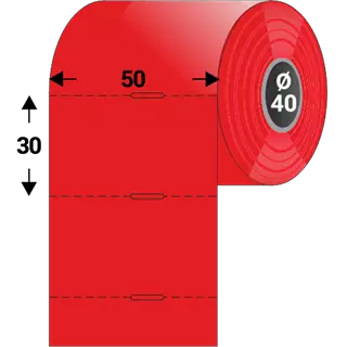 Polccímke 50 * 30 mm-es, perforált, termál, vezérlőlyukkal, piros színű (1000 db/tekercs)