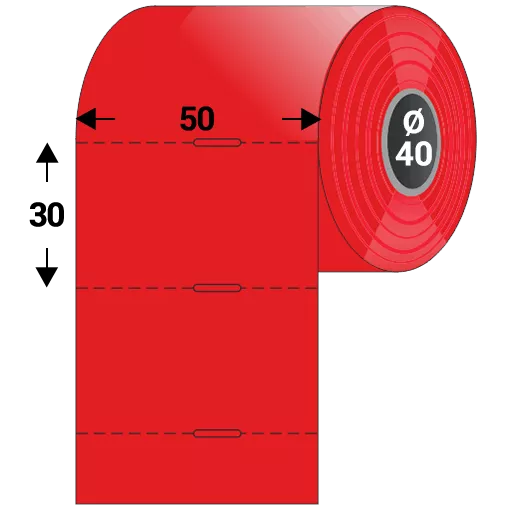 Polccímke 50 * 30 mm-es, perforált, termál, vezérlőlyukkal, piros színű (1000 db/tekercs)