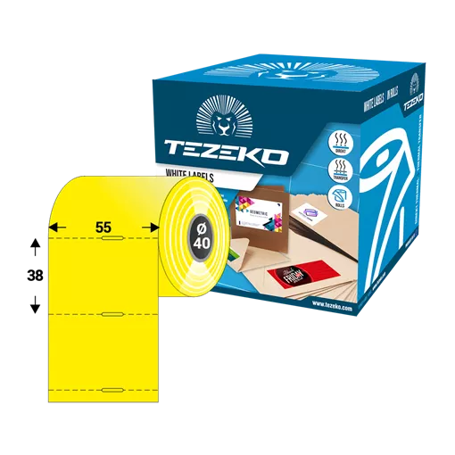 Polccímke 55 * 38 mm-es, perforált, termál, vezérlőlyukkal, sárga színű (1000 db/tekercs)