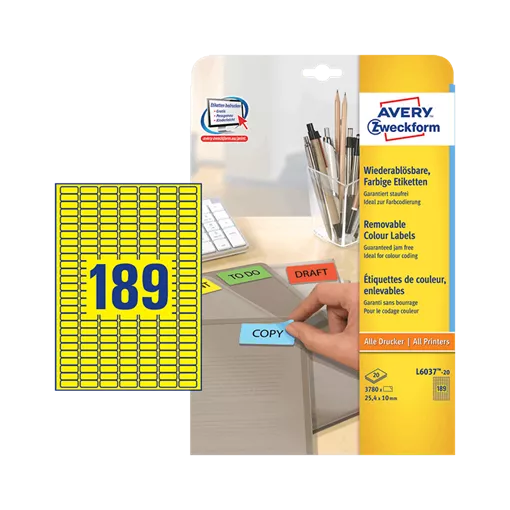 25.4 mm x 10 mm Papír Íves etikett címke Avery Zweckform Sárga ( 20 ív/doboz )