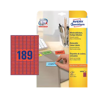 25.4 mm x 10 mm Papír Íves etikett címke Avery Zweckform Piros ( 20 ív/doboz )