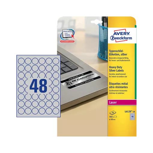 30 mm x 30 mm Műanyag Íves etikett címke Avery Zweckform Ezüst ( 20 ív/doboz )