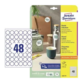 30 mm x 30 mm Papír Tekercses etikett címke Avery Zweckform Fehér ( 10 ív/doboz )