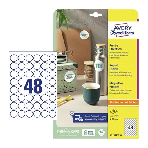 30 mm x 30 mm Papír Íves etikett címke Avery Zweckform Fehér ( 10 ív/doboz )