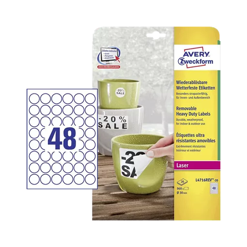 30 mm x 30 mm Műanyag Íves etikett címke Avery Zweckform Fehér ( 20 ív/doboz )