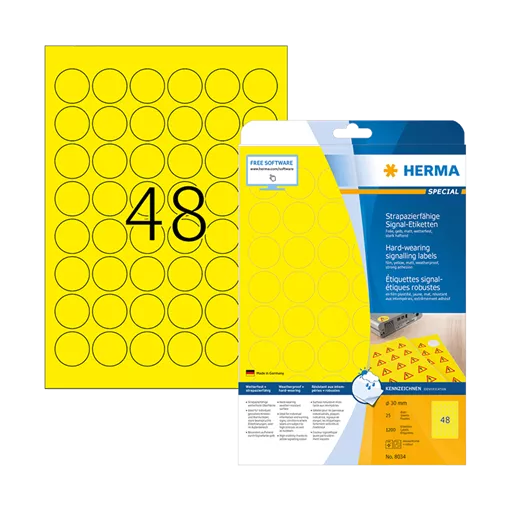 30 mm x 30 mm Műanyag Íves etikett címke Herma Sárga ( 25 ív/doboz )