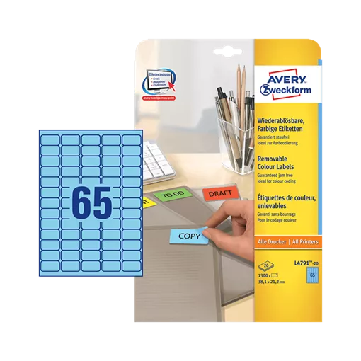 38.1 mm x 21.2 mm Papír Íves etikett címke Avery Zweckform Kék ( 20 ív/doboz )