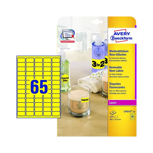 38.1 mm x 21.2 mm Papír Íves etikett címke Avery Zweckform Neon sárga ( 25 ív/doboz )