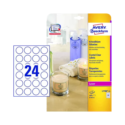 40 mm x 40 mm Műanyag Íves etikett címke Avery Zweckform Átlátszó (víztiszta) ( 25 ív/doboz )