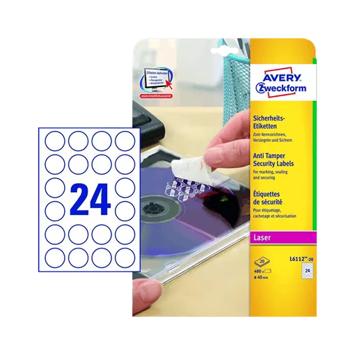 40 mm x 40 mm Műanyag Íves etikett címke Avery Zweckform Fehér ( 20 ív/doboz )