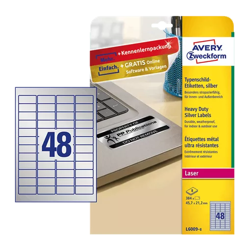 45.7 mm x 21.2 mm Műanyag Íves etikett címke Avery Zweckform Ezüst ( 8 ív/doboz )
