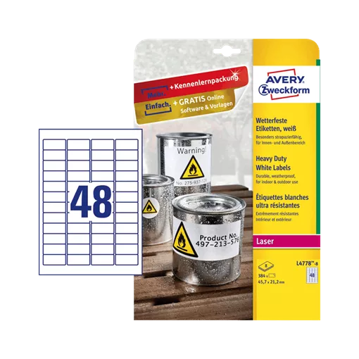45.7 mm x 21.2 mm Műanyag Íves etikett címke Avery Zweckform Fehér ( 8 ív/doboz )