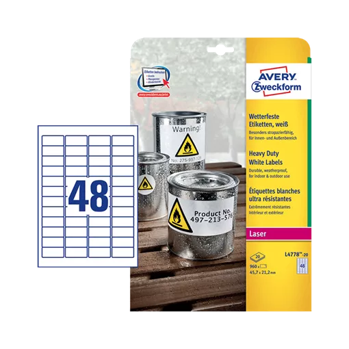 45.7 mm x 21.2 mm Műanyag Íves etikett címke Avery Zweckform Fehér ( 20 ív/doboz )