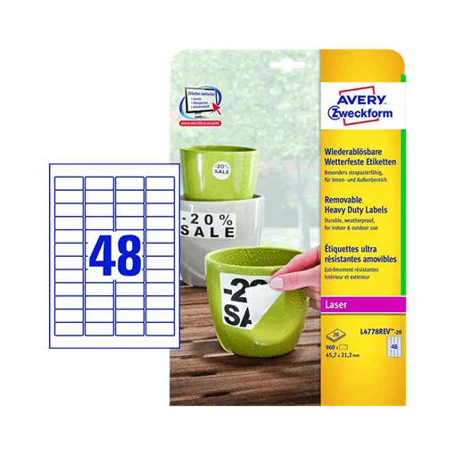 45.7 mm x 21.2 mm Műanyag Íves etikett címke Avery Zweckform Fehér ( 20 ív/doboz )