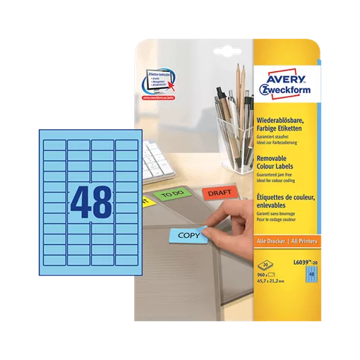 45.7 mm x 21.2 mm Papír Íves etikett címke Avery Zweckform Kék ( 20 ív/doboz )