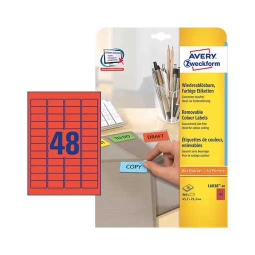 45.7 mm x 21.2 mm Papír Íves etikett címke Avery Zweckform Piros ( 20 ív/doboz )