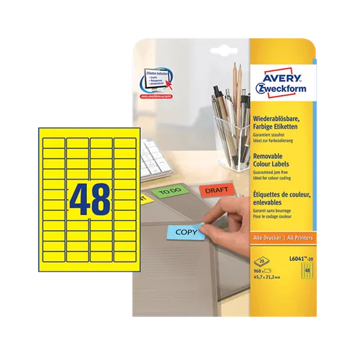 45.7 mm x 21.2 mm Papír Íves etikett címke Avery Zweckform Sárga ( 20 ív/doboz )