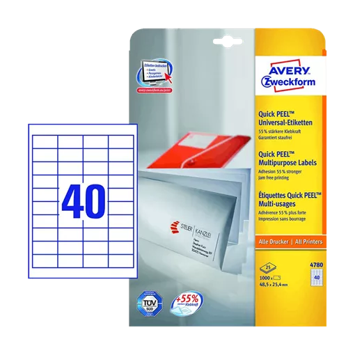 48.5 mm x 25.4 mm Papír Íves etikett címke Avery Zweckform Fehér ( 25 ív/doboz )
