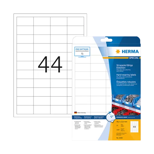 48.3 mm x 25.4 mm Műanyag Íves etikett címke Herma Fehér ( 25 ív/doboz )