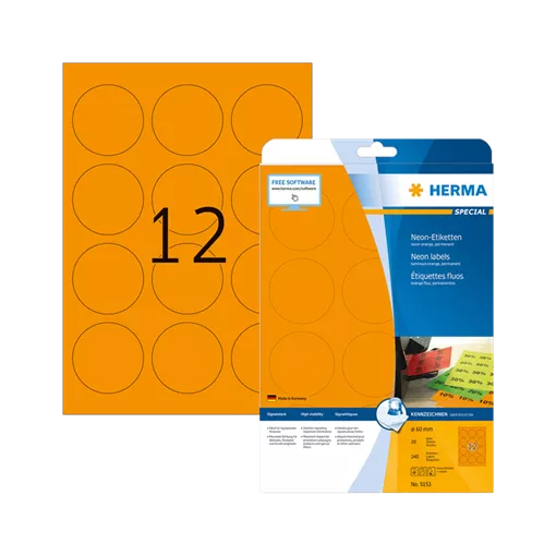 60 mm x 60 mm Papír Íves etikett címke Herma Neonnarancs ( 20 ív/doboz )
