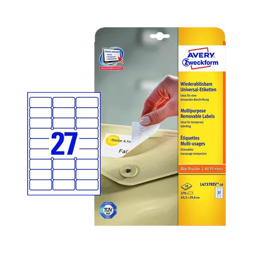 63.5 mm x 29.6 mm Papír Íves etikett címke Avery Zweckform Fehér ( 10 ív/doboz )