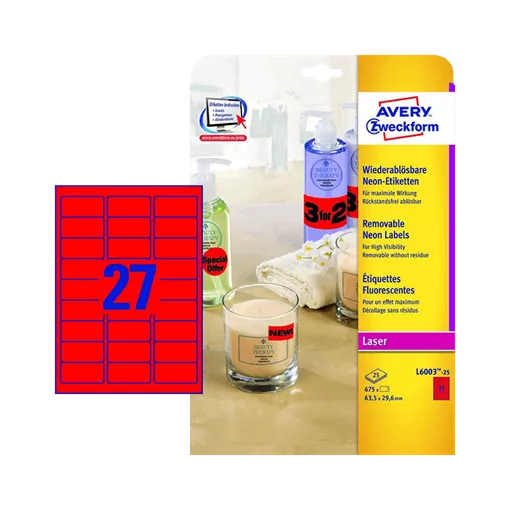 63.5 mm x 29.6 mm Papír Íves etikett címke Avery Zweckform Neon piros ( 25 ív/doboz )