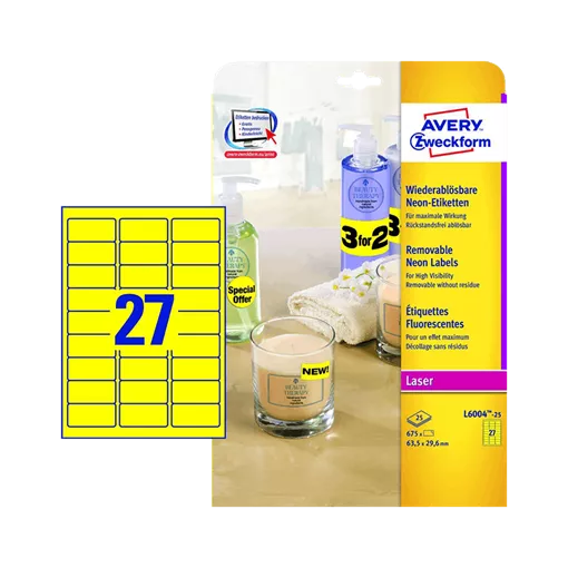 63.5 mm x 29.6 mm Papír Íves etikett címke Avery Zweckform Neon sárga ( 25 ív/doboz )
