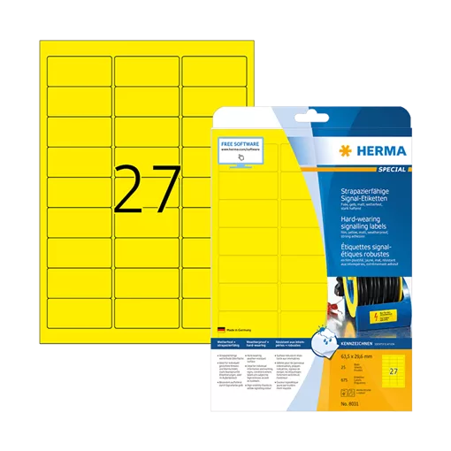 63.5 mm x 29.6 mm Műanyag Íves etikett címke Herma Sárga ( 25 ív/doboz )