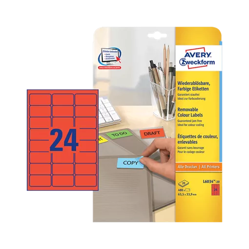 63.5 mm x 33.9 mm Papír Íves etikett címke Avery Zweckform Piros ( 20 ív/doboz )