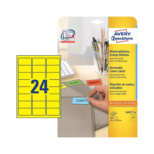 63.5 mm x 33.9 mm Papír Íves etikett címke Avery Zweckform Sárga ( 20 ív/doboz )