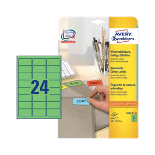 63.5 mm x 33.9 mm Papír Íves etikett címke Avery Zweckform Zöld ( 20 ív/doboz )