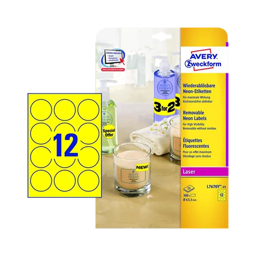 63.5 mm x 63.5 mm Papír Íves etikett címke Avery Zweckform Neon sárga ( 25 ív/doboz )