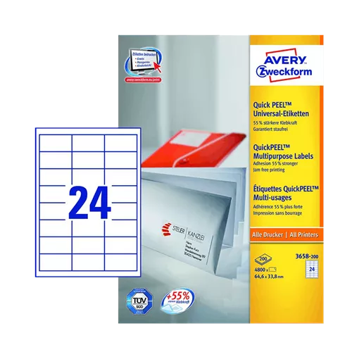 64.6 mm x 33.8 mm Papír Íves etikett címke Avery Zweckform Fehér ( 200 ív/doboz )