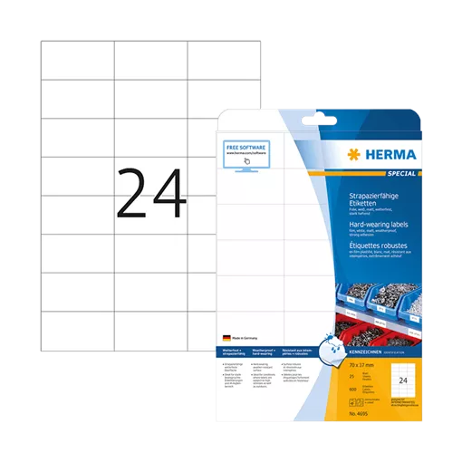 70 mm x 37 mm Műanyag Íves etikett címke Herma Fehér ( 25 ív/doboz )