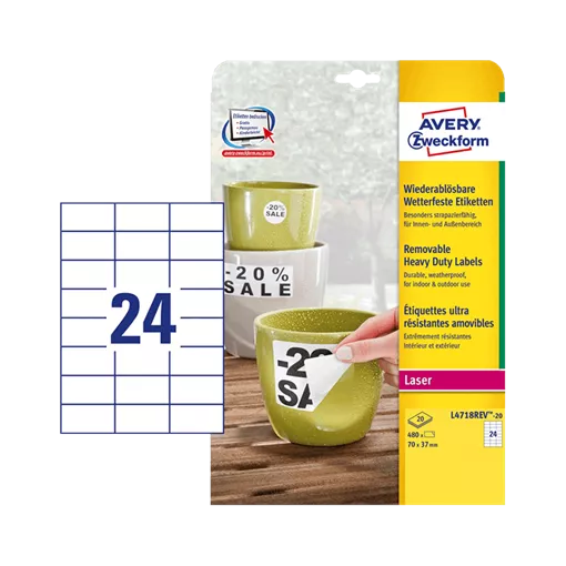 70 mm x 37 mm Műanyag Íves etikett címke Avery Zweckform Fehér ( 20 ív/doboz )