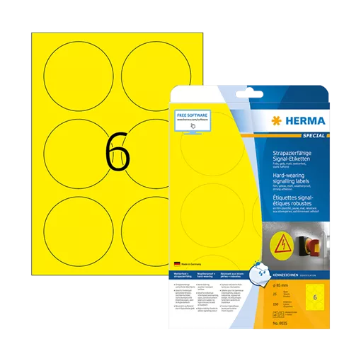 85 mm x 85 mm Műanyag Íves etikett címke Herma Sárga ( 25 ív/doboz )