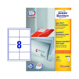 97 mm x 67.7 mm Papír Íves etikett címke Avery Zweckform Fehér ( 200 ív/doboz )