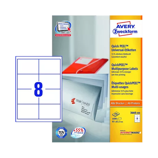 97 mm x 67.7 mm Papír Íves etikett címke Avery Zweckform Fehér ( 200 ív/doboz )