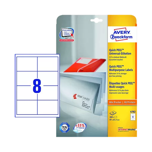 97 mm x 67.7 mm Papír Íves etikett címke Avery Zweckform Fehér ( 25 ív/doboz )