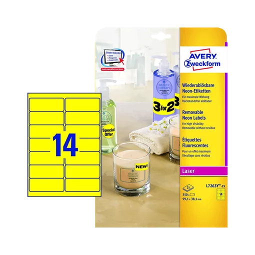 99.1 mm x 38.1 mm Papír Íves etikett címke Avery Zweckform Neon sárga ( 25 ív/doboz )