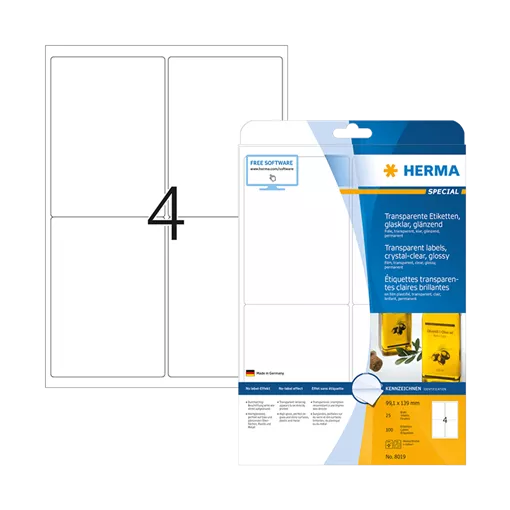 99.1 mm x 139 mm Műanyag Íves etikett címke Herma Átlátszó (víztiszta) ( 25 ív/doboz )