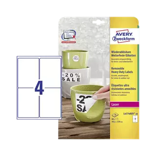 99.1 mm x 139 mm Műanyag Íves etikett címke Avery Zweckform Fehér ( 20 ív/doboz )