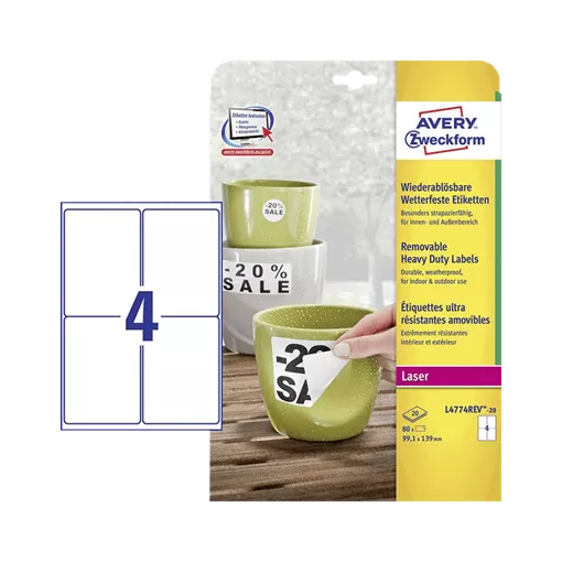 99.1 mm x 139 mm Műanyag Íves etikett címke Avery Zweckform Fehér ( 20 ív/doboz )