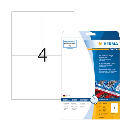 105 mm x 148 mm Műanyag Íves etikett címke Herma Fehér ( 25 ív/doboz )