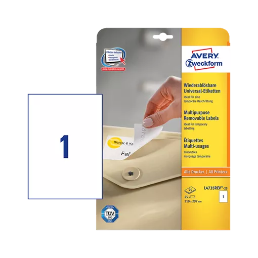 210 mm x 297 mm Papír Íves etikett címke Avery Zweckform Fehér ( 25 ív/doboz )