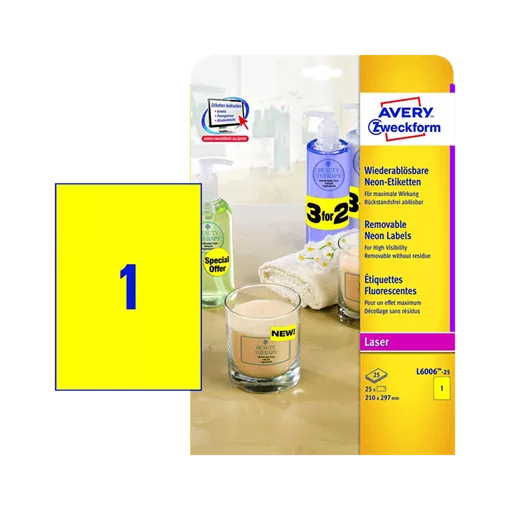 210 mm x 297 mm Papír Íves etikett címke Avery Zweckform Neon sárga ( 25 ív/doboz )